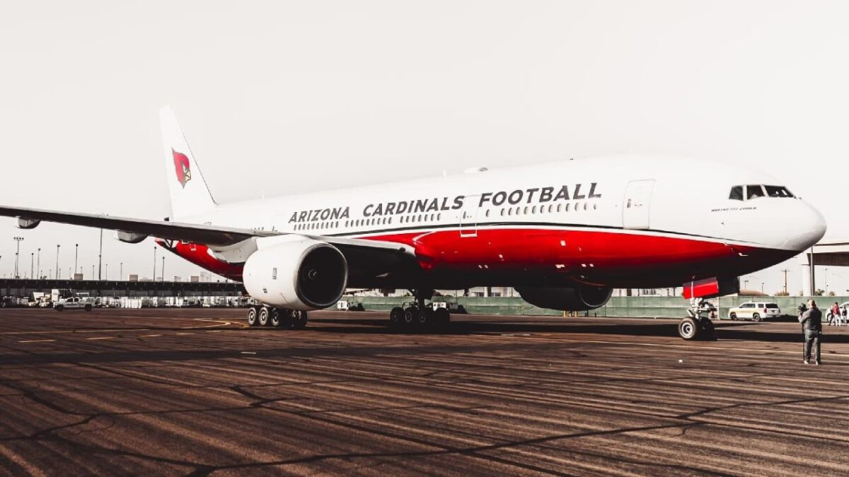 Arizona Cardinals Boeing 777 painted with team colors