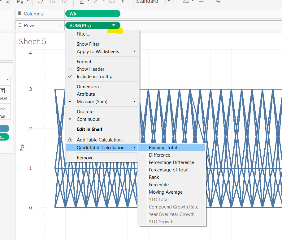 Applying a running total table calculation to show cumulative points for EPLsite football