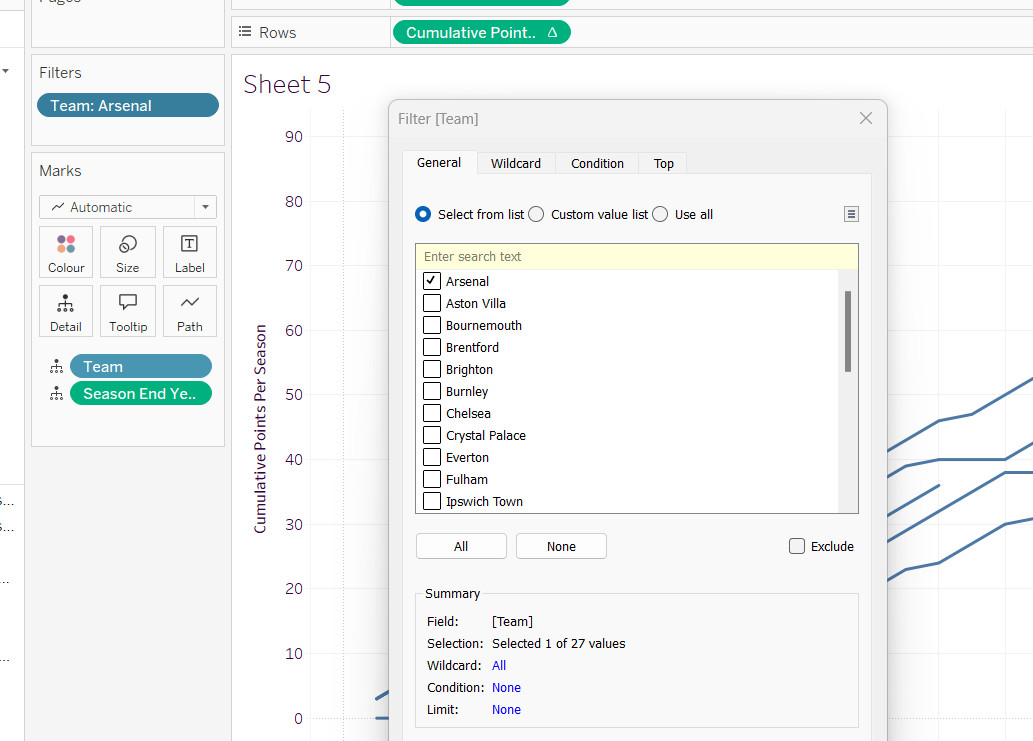 Adding the team field to the filters shelf to focus on specific EPLsite football teams