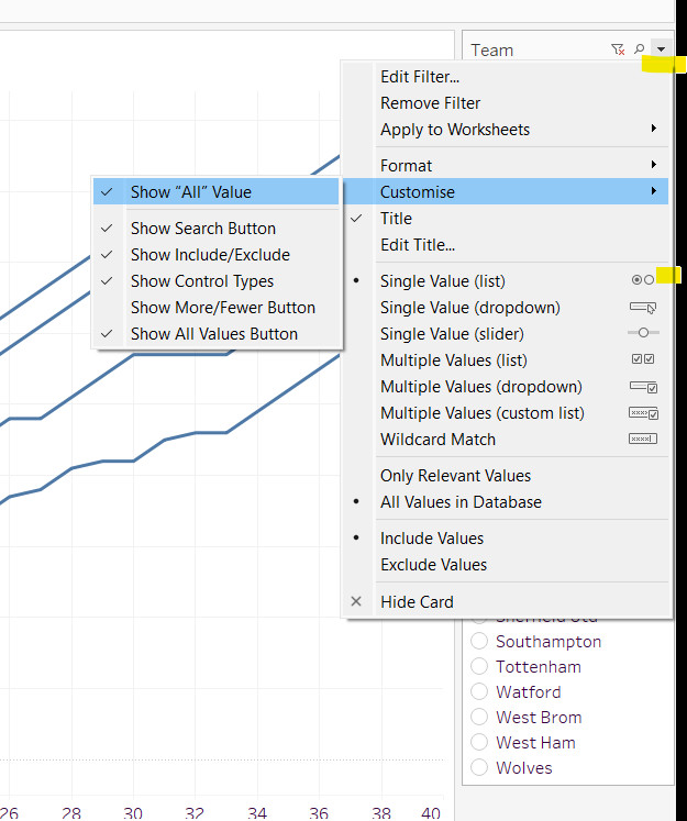 Customizing the filter control to allow selection of a single EPLsite football team