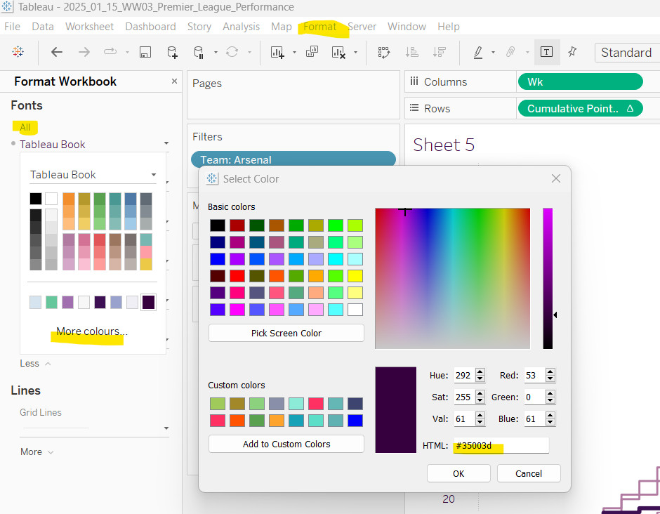 Setting the text color for the EPLsite football workbook for visual consistency