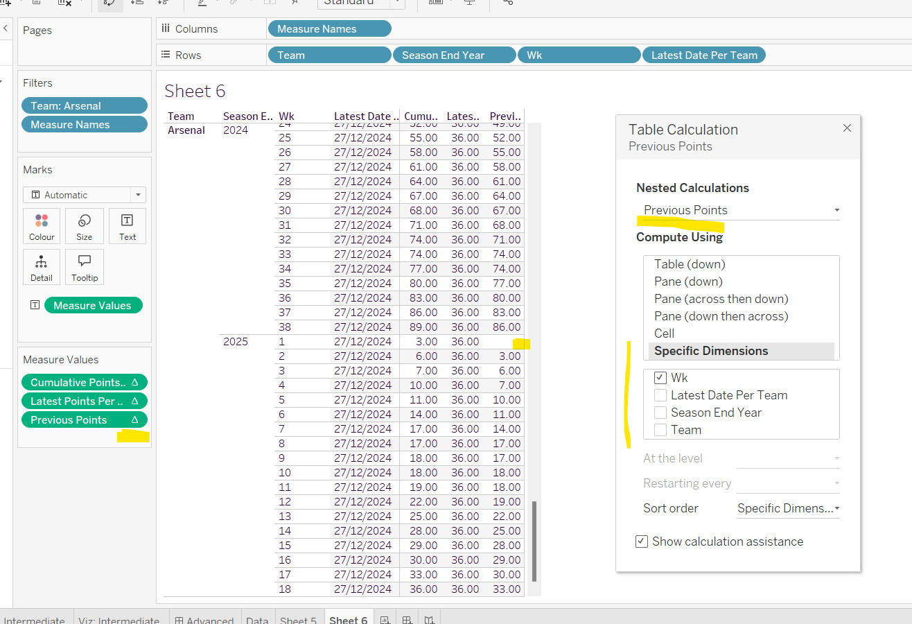 Adjusting the table calculation for previous points for EPLsite football