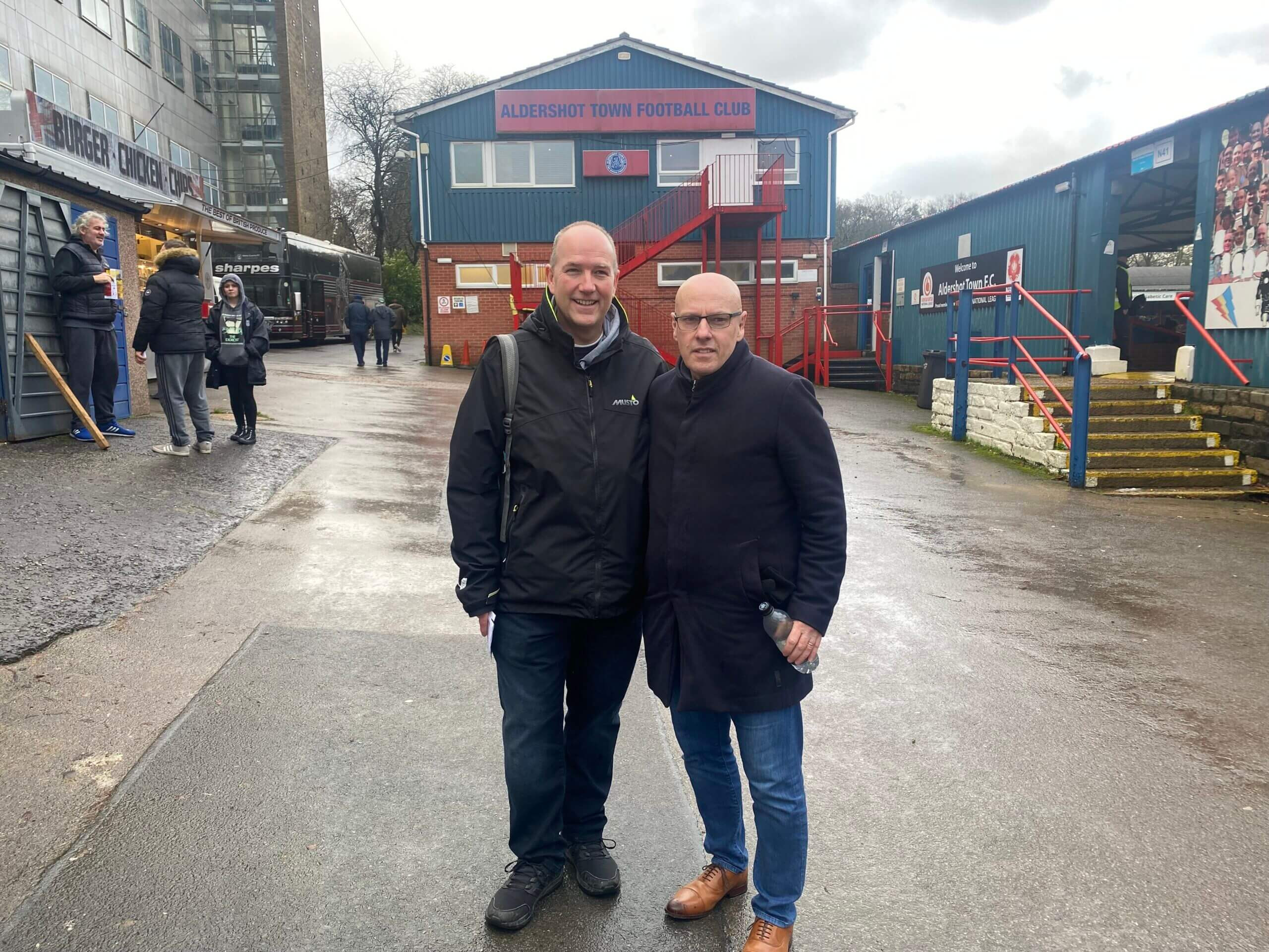 Nick Baggott (left) and Brian McDermott arrive for their assignment at Aldershot