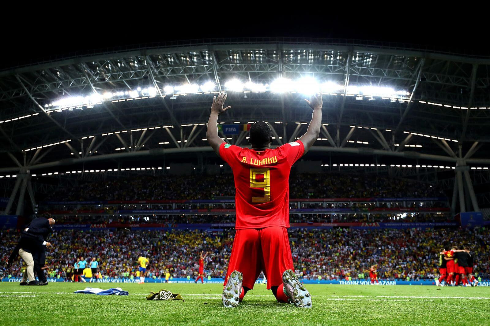Romelu Lukaku celebrates as Belgium beats Russia to reach the 2018 World Cup semifinals.