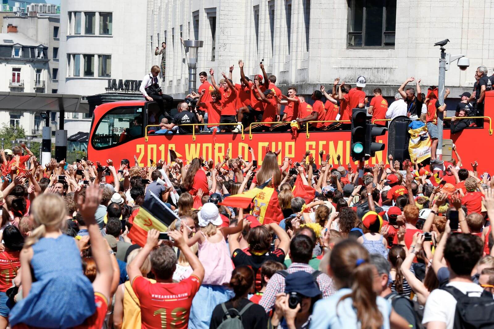 The Belgium squad receives a hero’s welcome at the Grote Markt (Grand Place) in Brussels after returning from the 2018 World Cup with the bronze medal.