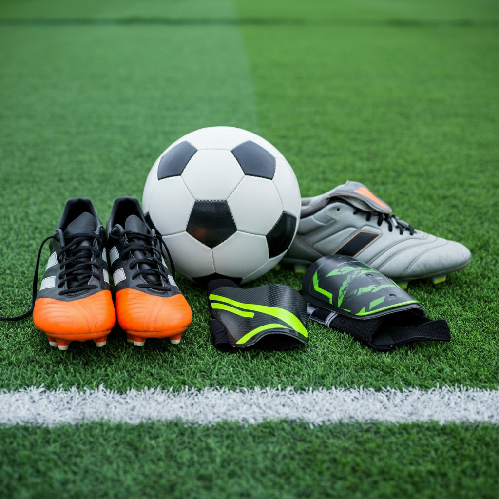Football equipment setup on a grassy field for learning to play football.