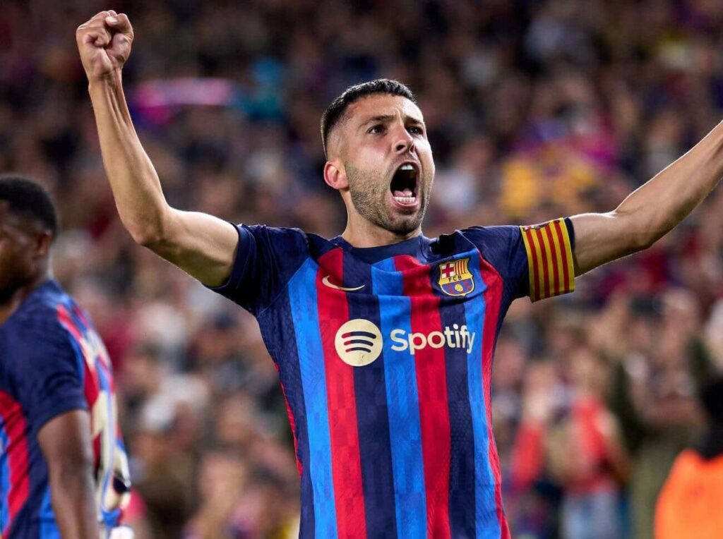Jordi Alba from Barcelona FC with Spotify logo on his jersey