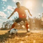 Soccer player dribbling the ball using coordination