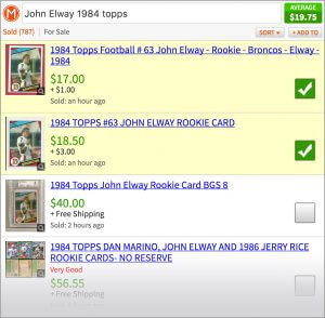 Screenshot showing checkboxes for value of football card