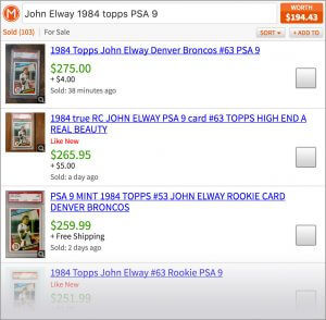 Screenshot showing worth of graded football card.