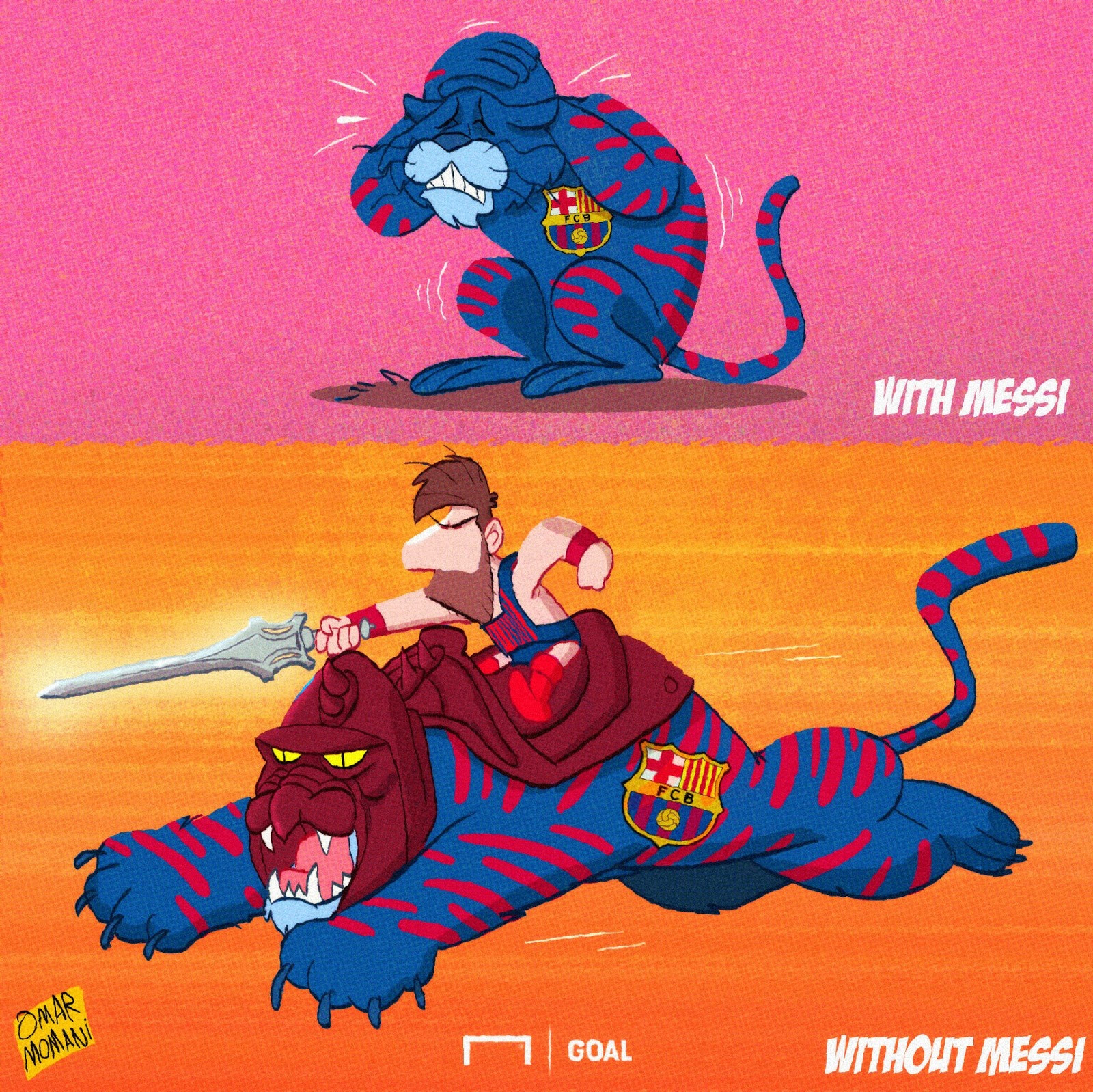 Omar Momani's cartoon illustration of Messi and Barcelona