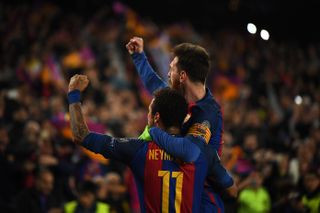 Barcelona pair Lionel Messi and Neymar celebrate their team’s sixth goal against Paris Saint-Germain