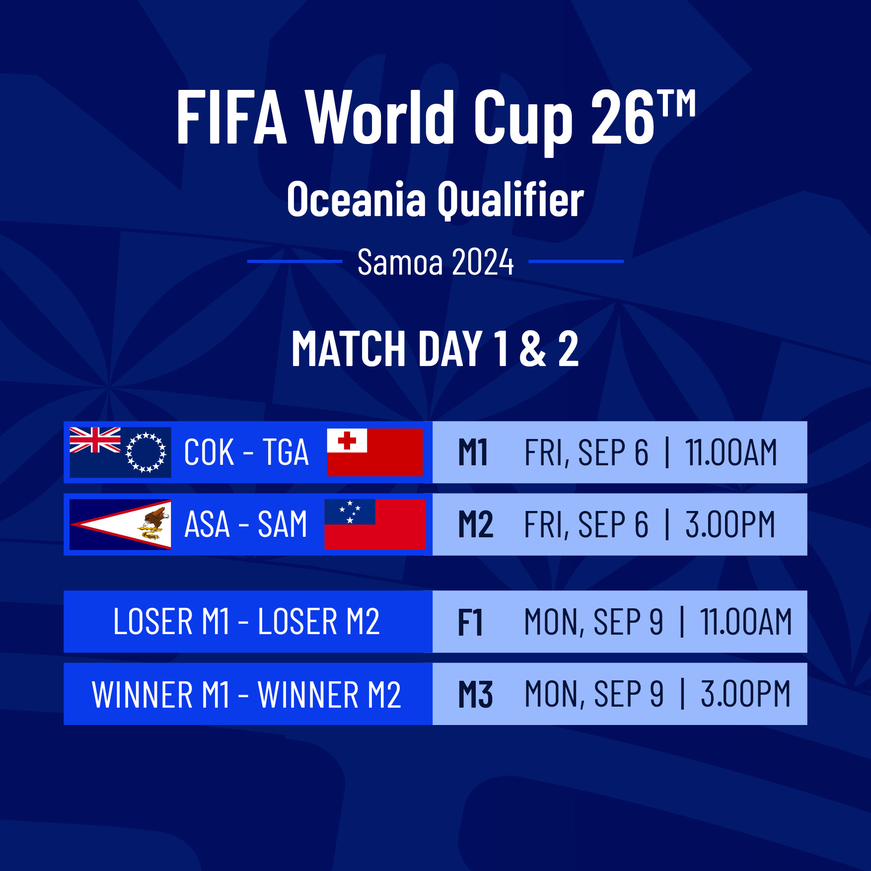 OFC FWCQ 26 Round 1 Match Schedule