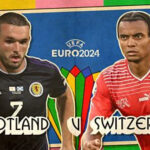 A player from the Scotland football team and a player from the Switzerland football team are surrounded by an illustrated frame for Euro 2024