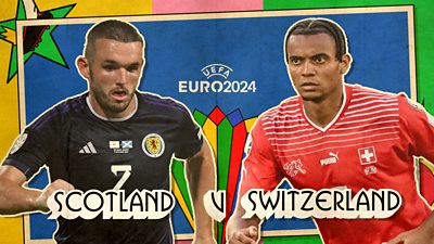 A player from the Scotland football team and a player from the Switzerland football team are surrounded by an illustrated frame for Euro 2024