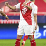Takumi Minamino of Monaco reacts after scoring his second goal in the second half of a Champions League football match against Crvena Zvezda in Monaco on Oct. 22, 2024.