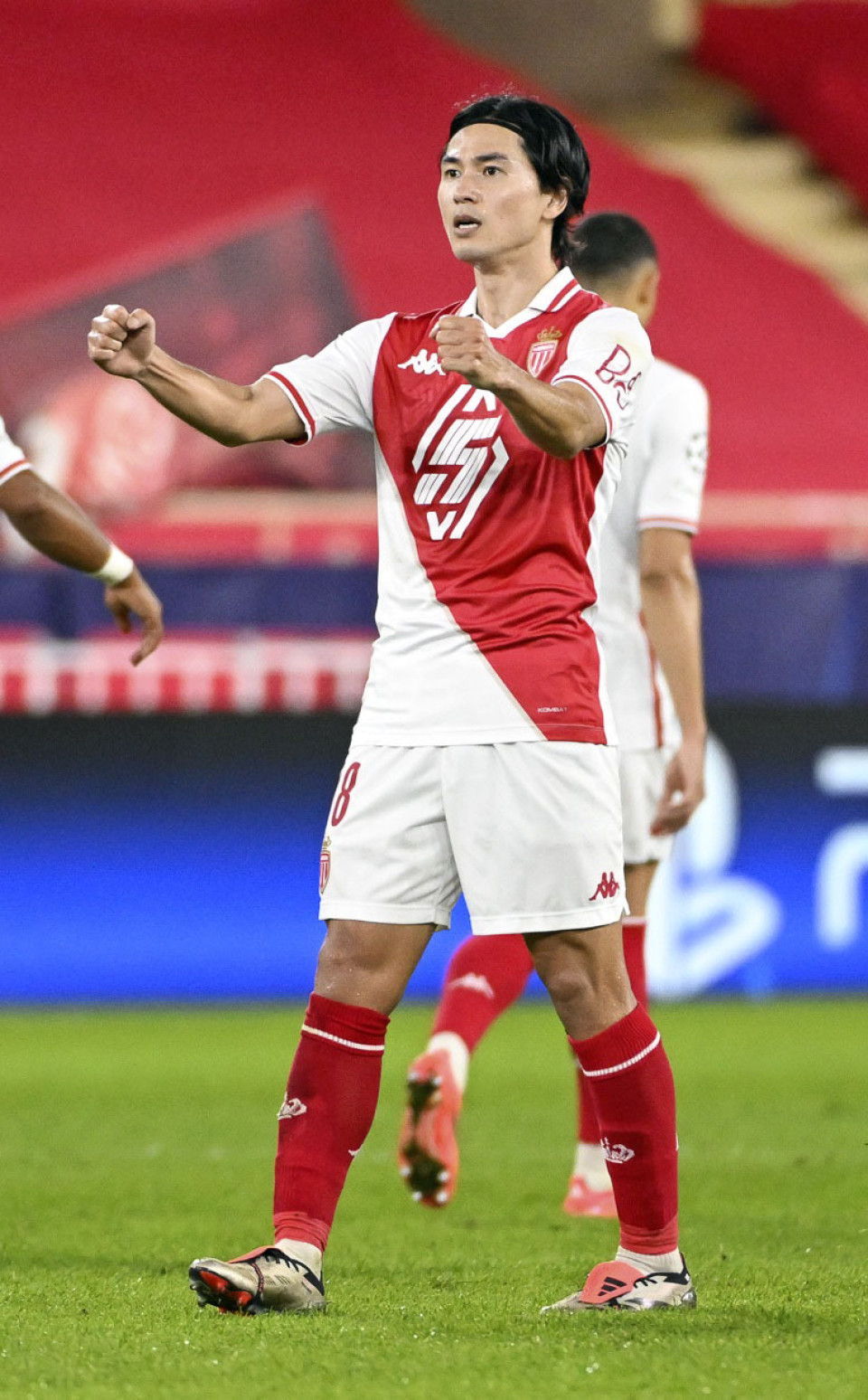Takumi Minamino of Monaco reacts after scoring his second goal in the second half of a Champions League football match against Crvena Zvezda in Monaco on Oct. 22, 2024.