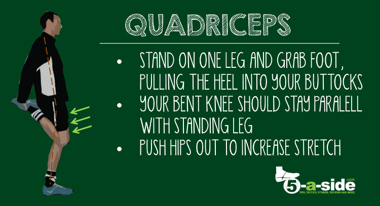 Athlete in a standing quadriceps stretch after football game, holding one foot behind and pulling towards glutes to stretch front thigh muscle