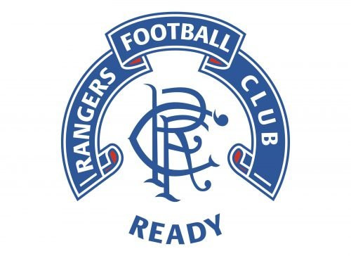 Rangers FC 1990 Logo showcasing a blue monogram on a white background with an arched ribbon