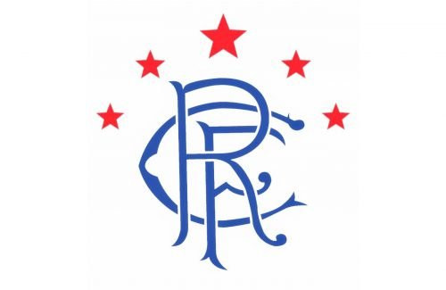 Rangers FC 2005 Logo featuring a blue monogram with red stars on a white background