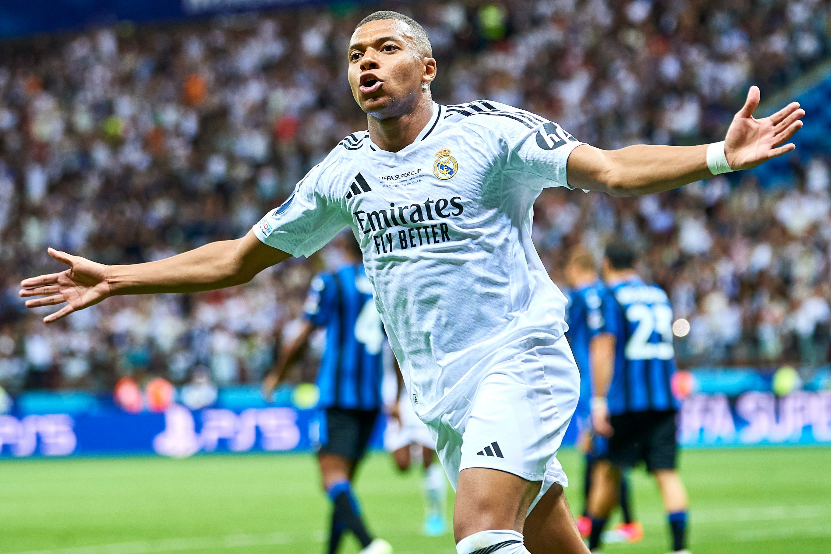 Kylian Mbappe celebrates a goal for Real Madrid