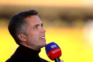 David Jones presents for Sky Sports television ahead of the Premier League match between Wolverhampton Wanderers and Manchester City at Molineux on May 11, 2022 in Wolverhampton, England.
