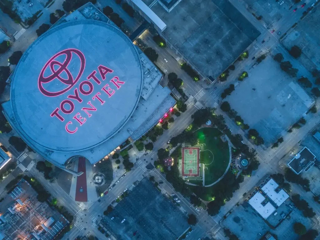 Toyota’s logo on Toyota Center in Houston, home of the Houston Rockets basketball team