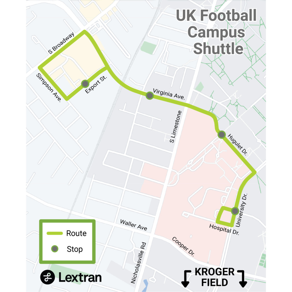 Map of the UK Football Campus Shuttle route provided by Lextran, displaying a looped path around the University of Kentucky campus. Stops are marked along the route with green and gray circles.