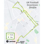 Map of the UK Football Downtown Shuttle route provided by Lextran, showing a looped path through downtown Lexington. The map highlights stops along the route with green and gray circles.