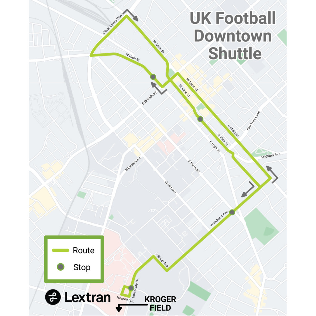 Map of the UK Football Downtown Shuttle route provided by Lextran, showing a looped path through downtown Lexington. The map highlights stops along the route with green and gray circles.