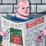 Illustration of Wayne Rooney with exaggerated features, holding a bottle of beer, capturing his controversial persona