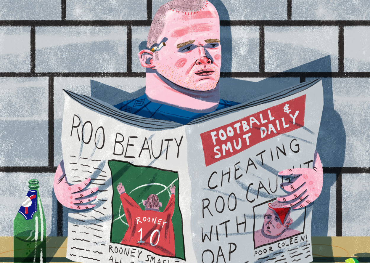 Illustration of Wayne Rooney with exaggerated features, holding a bottle of beer, capturing his controversial persona