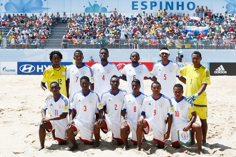 The Madagascar team line up prior to the Group D FIFA Beach Soccer World Cup match between Madagascar and Russia