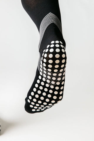 A detailed image showing the non-slip pads on grip socks that prevent slipping