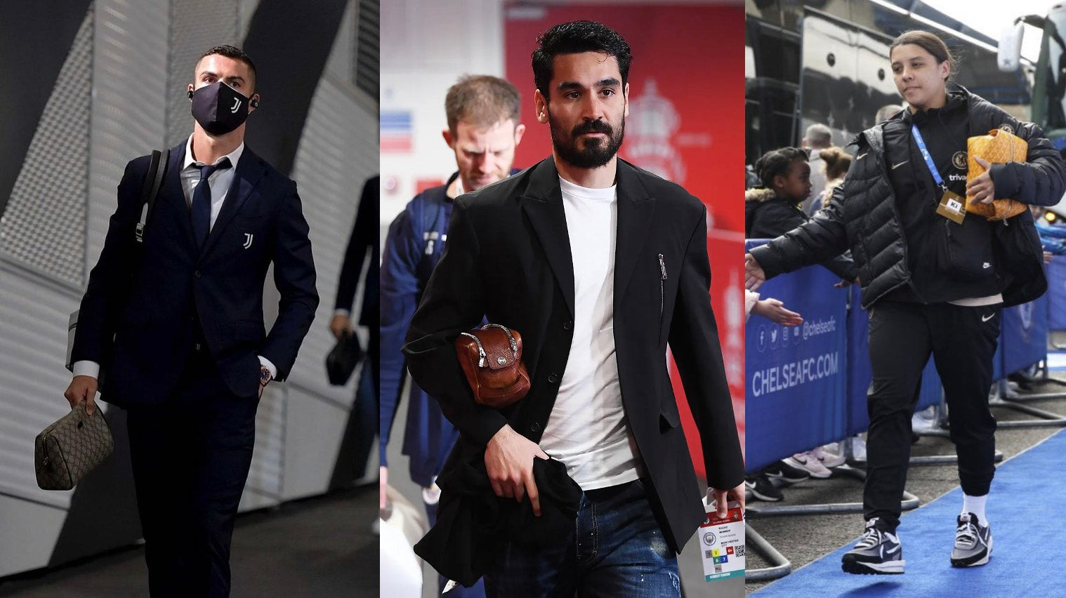 women and man football star carrying small hand bag