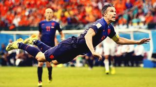 Robin van Persie scores against Spain