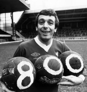 Ian Callaghan Liverpool Football celebrating his 800th appearance for the club February 1977