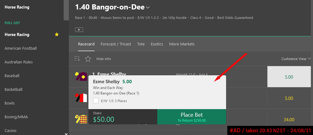 Setting the Stake on Bet365