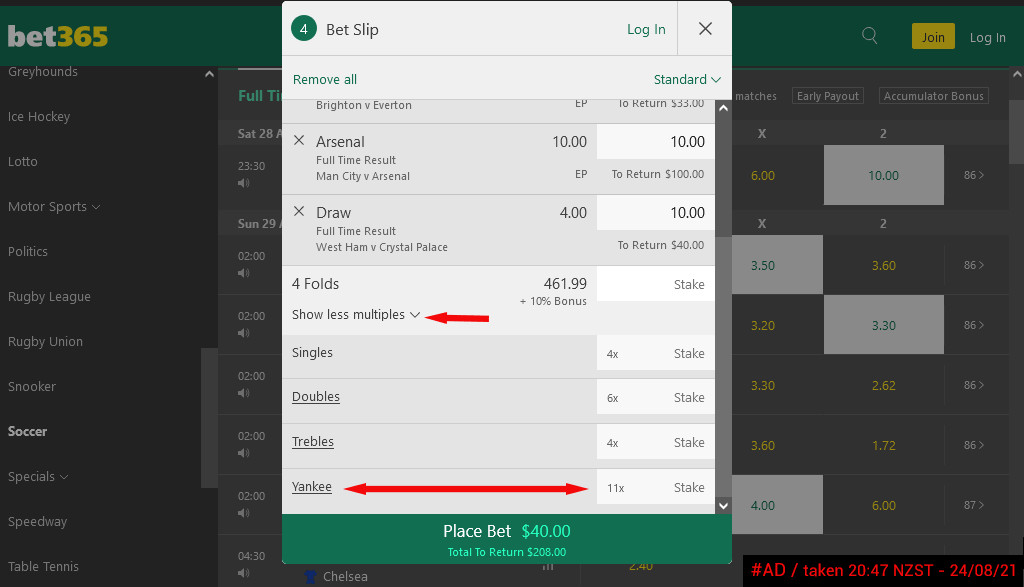 Placing Multiple Bets on Bet365