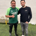 Luke Humphries with Leeds boss Daniel Farke during a visit to the club
