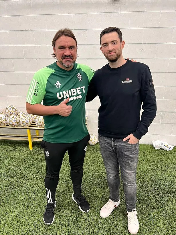 Luke Humphries with Leeds boss Daniel Farke during a visit to the club