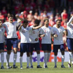 England's players watch on as the Nations League third-place match in 2019 went to penalties