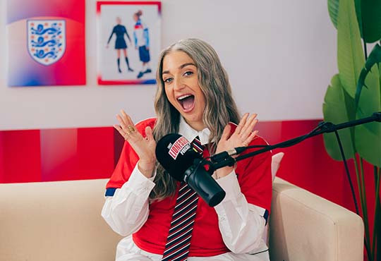 Harriet Rose hosting That Lionesses Podcast, offering exclusive insights into the England team's preparations and experiences during the UEFA Women's EURO 2025