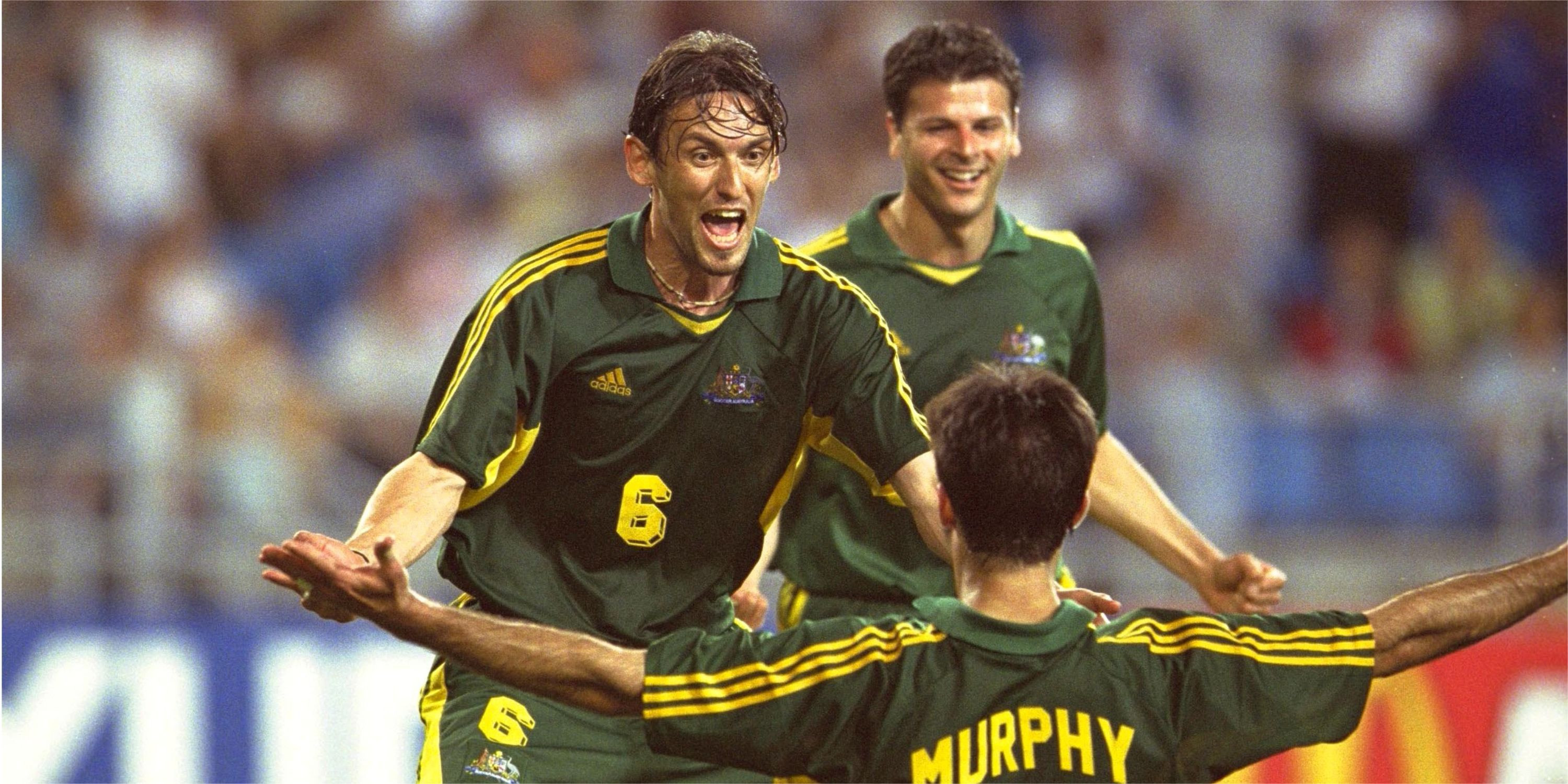 Australia celebrating a goal in 2001