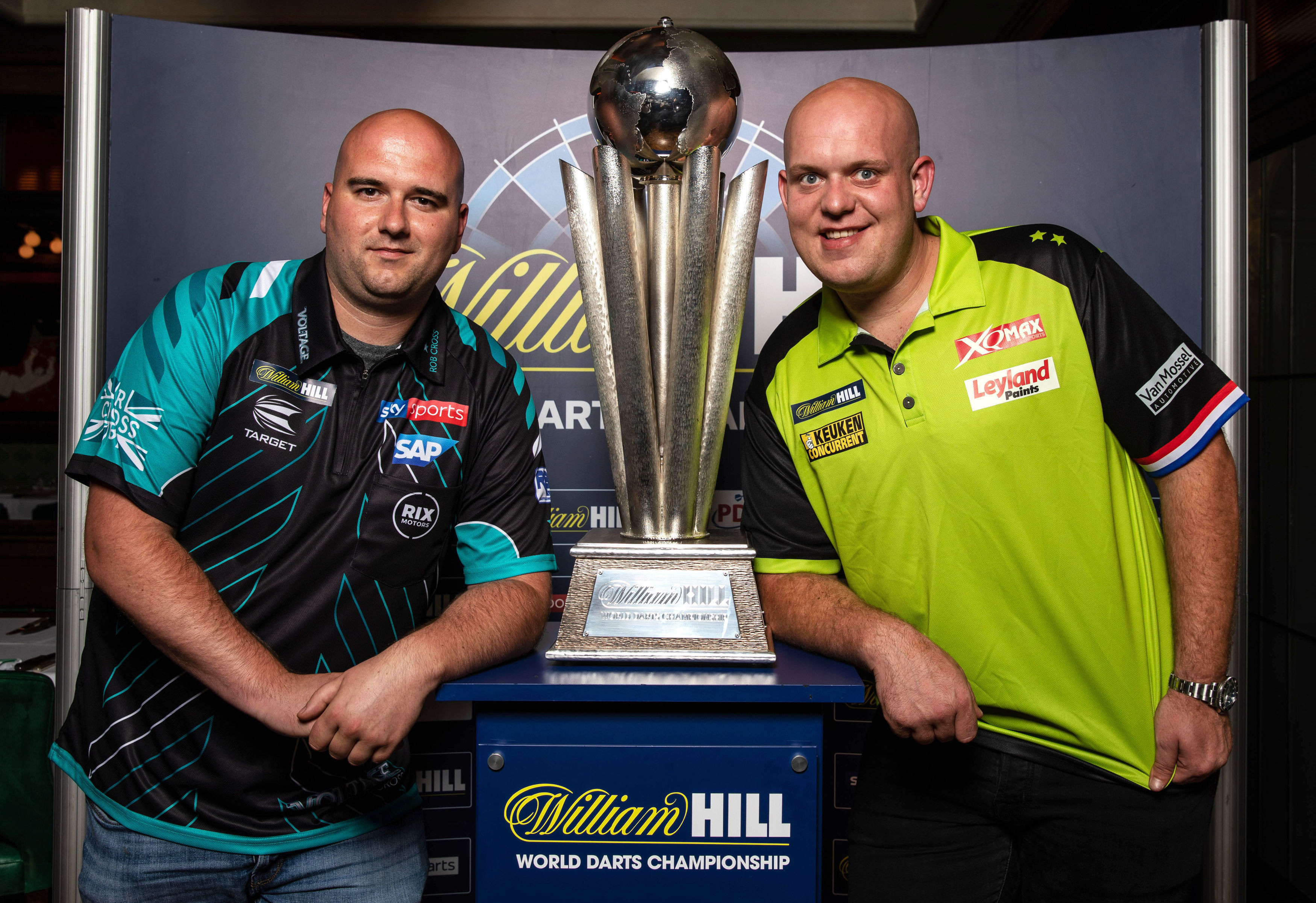 Rob Cross and Michael van Gerwen facing off in a darts match, highlighting their rivalry