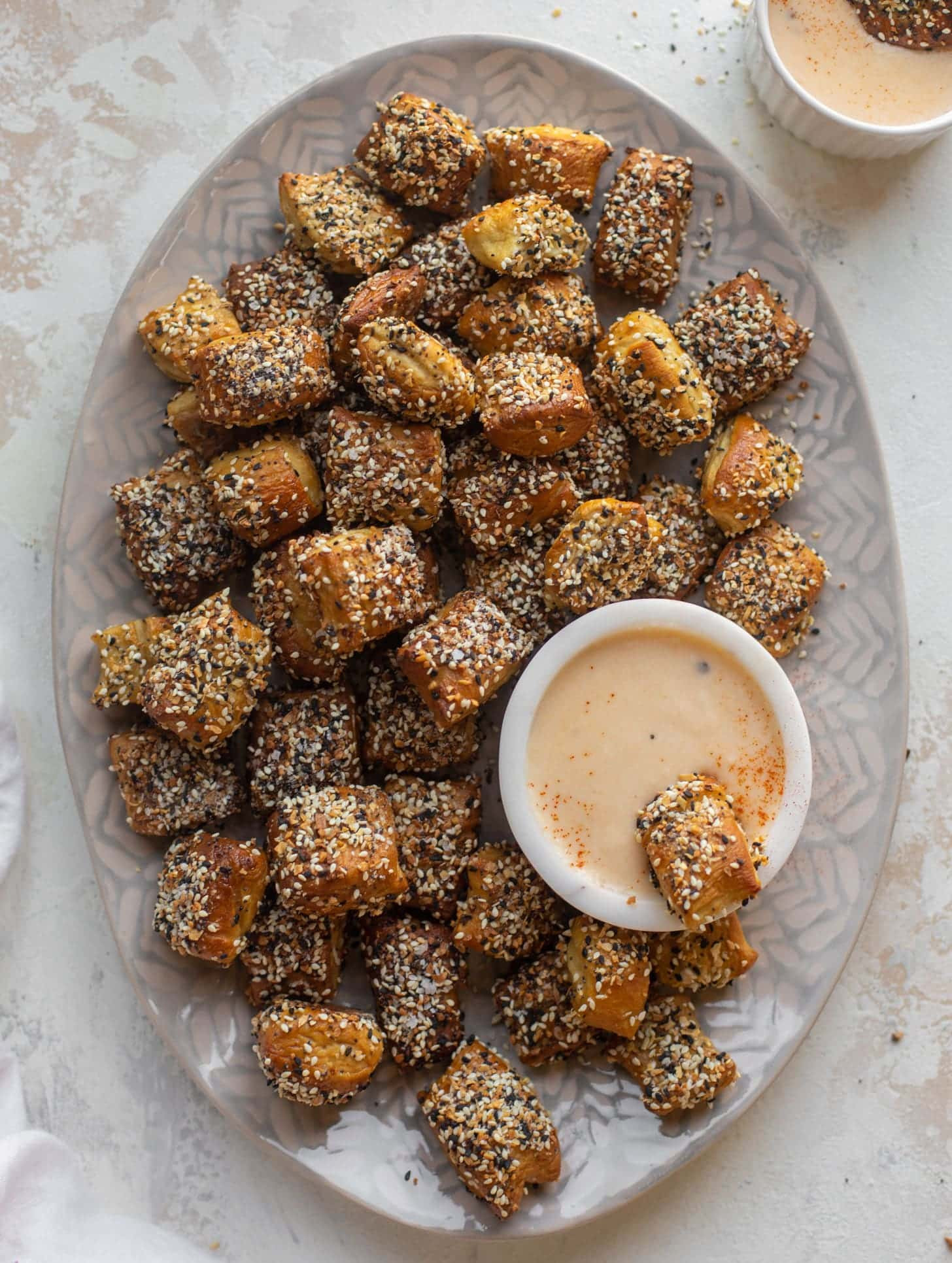 Everything soft pretzel bites with chipotle beer cheese