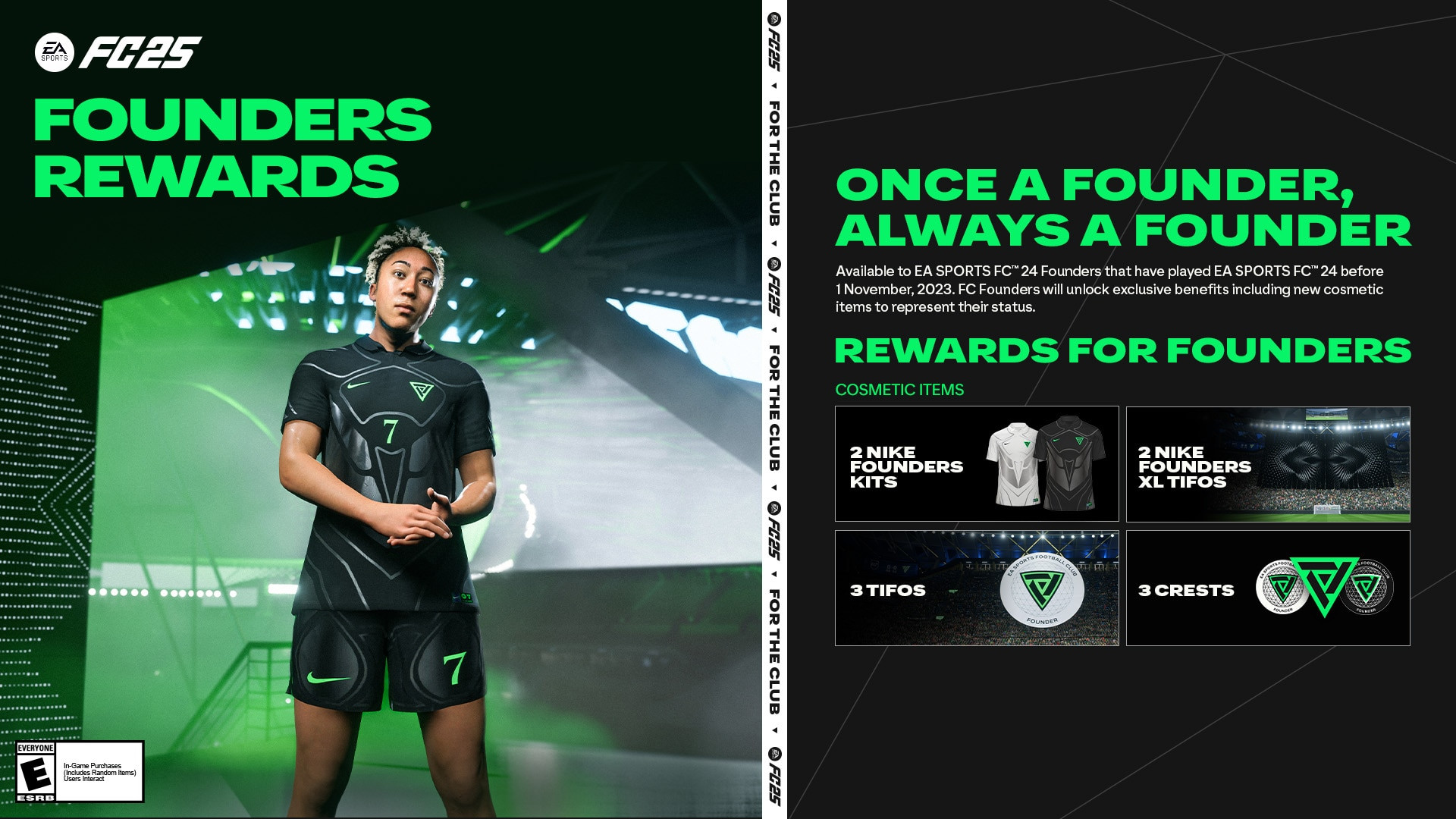 Promotional image for FC25 Founders Rewards featuring rewards like Nike kits, Tifos, and crests.