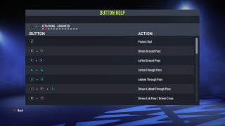 Attacking Advanced Controls for FIFA on PS4, showing button configurations for Protecting Ball, Driven Ground Pass, Flair Pass, and more.