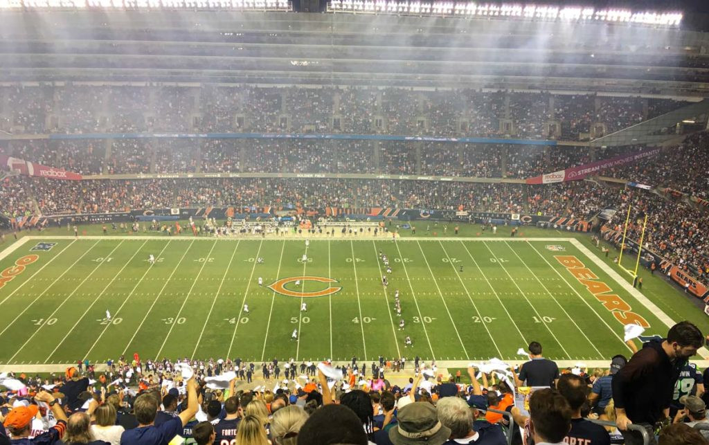 View from midfield upper bowl tickets at Soldier Field in Chicago for a Monday Night Football game