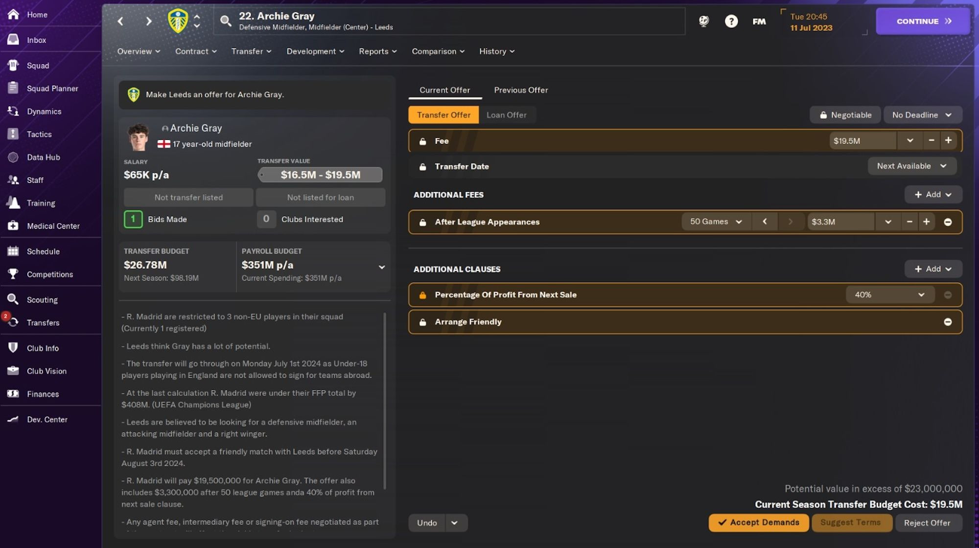 Transfer offer screen for Archie Gray in Football Manager 2024